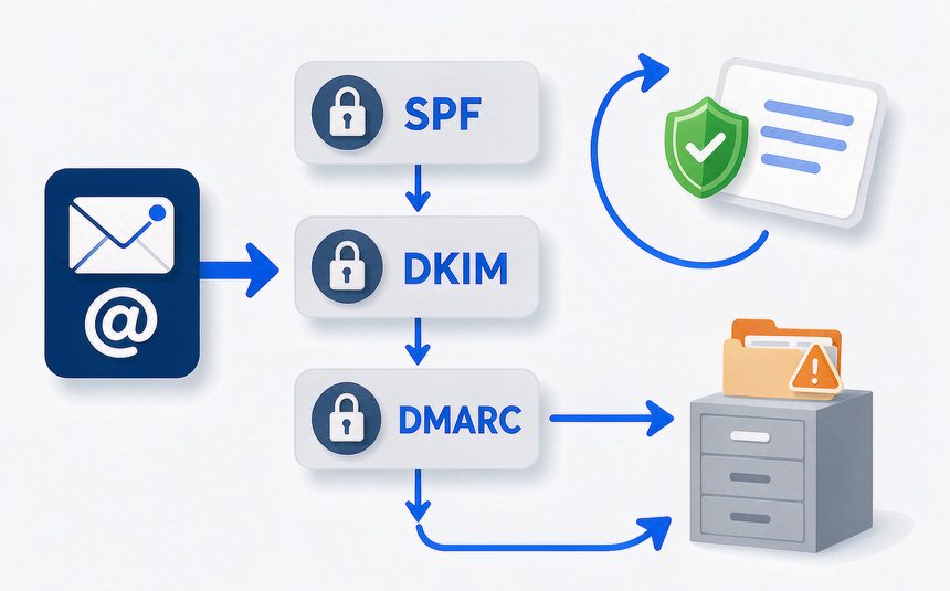 企业邮箱SPF DKIM DMARC解析与进垃圾箱关系示意